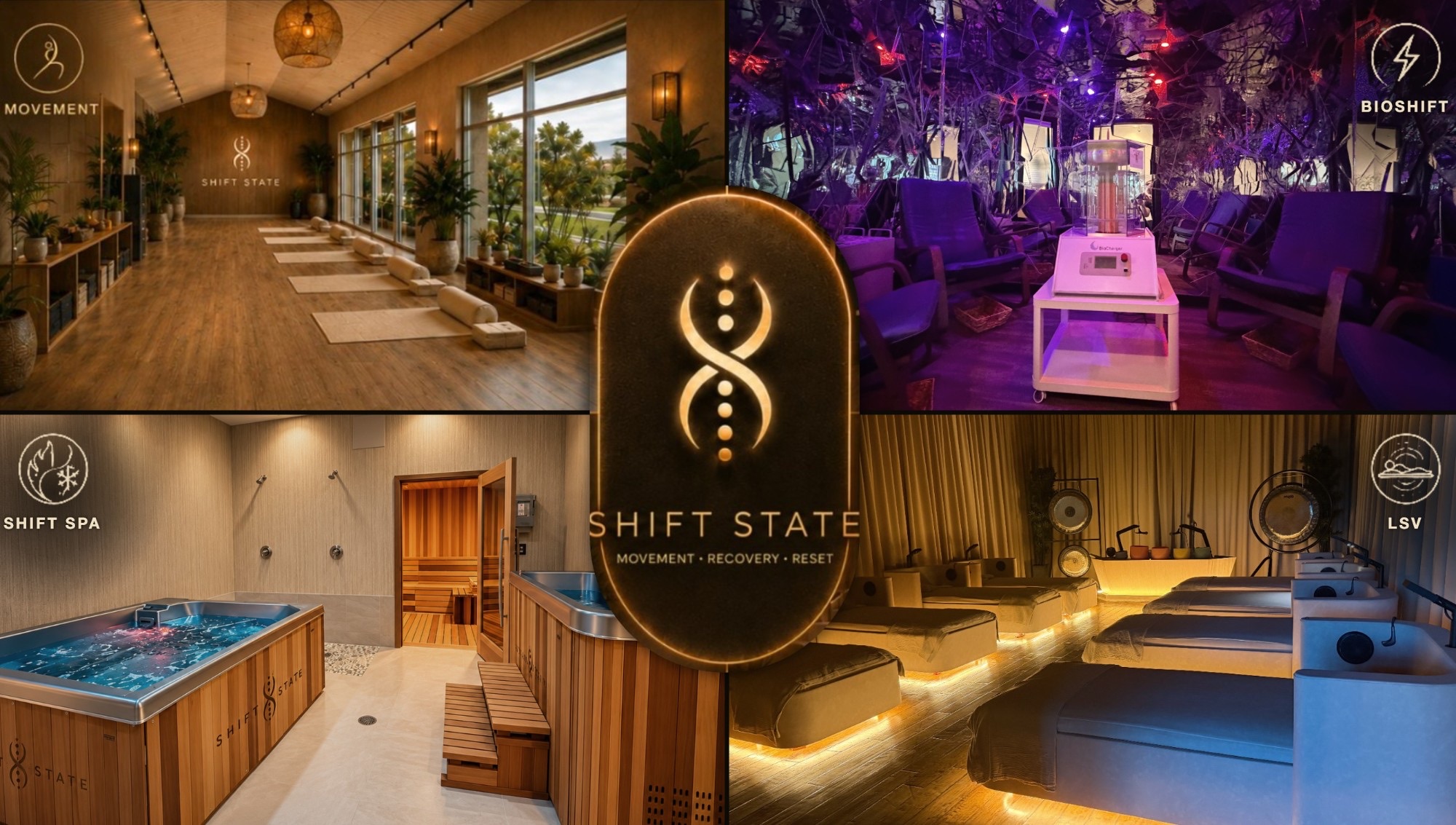 Shift State studio spaces: movement studio, BioShift room, Shift Spa and LSV room